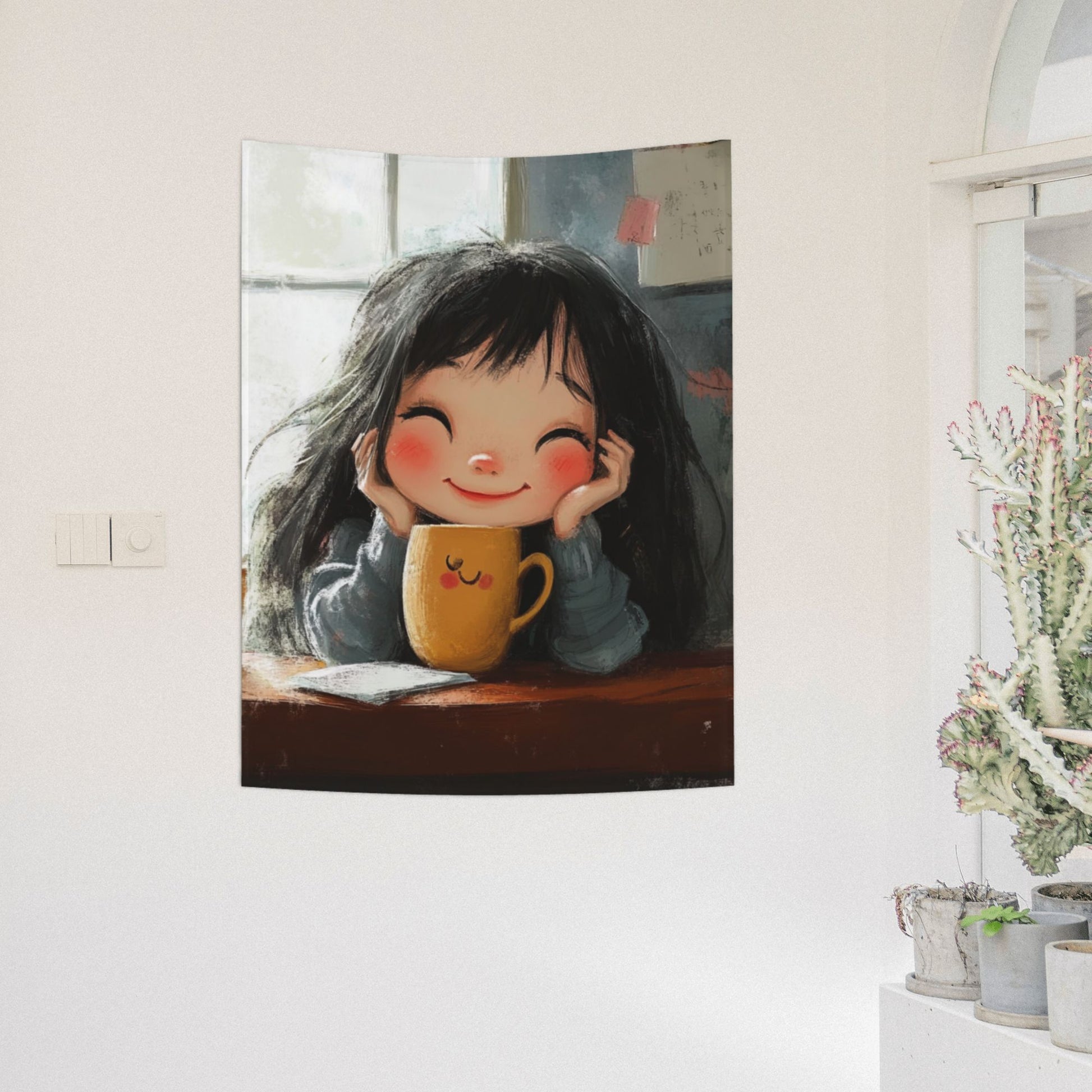 Warm Smiling Girl Wall Tapestry – Cozy Hand-Drawn Cartoon Home Decor 73×95cm