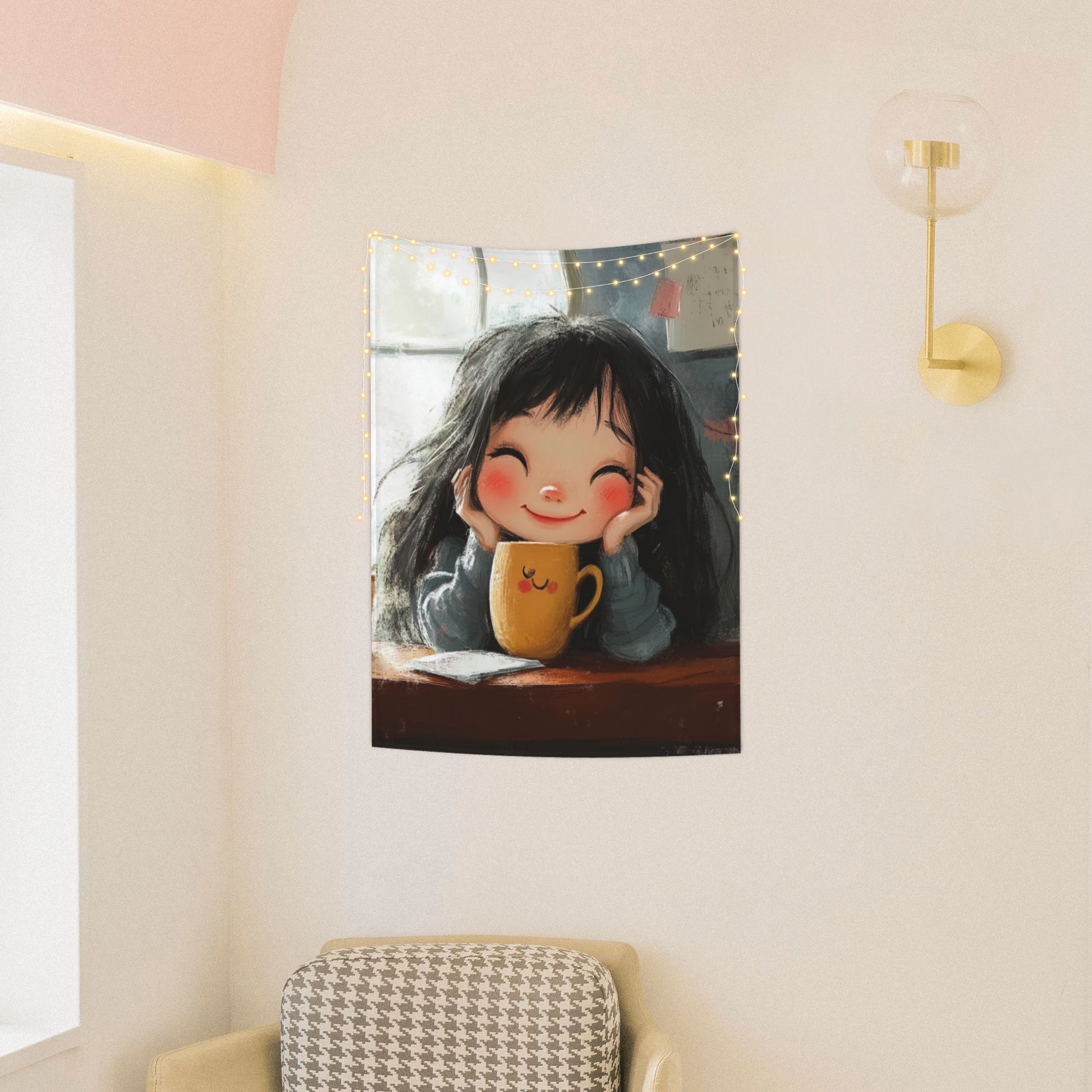 Warm Smiling Girl Wall Tapestry – Cozy Hand-Drawn Cartoon Home Decor 73×95cm
