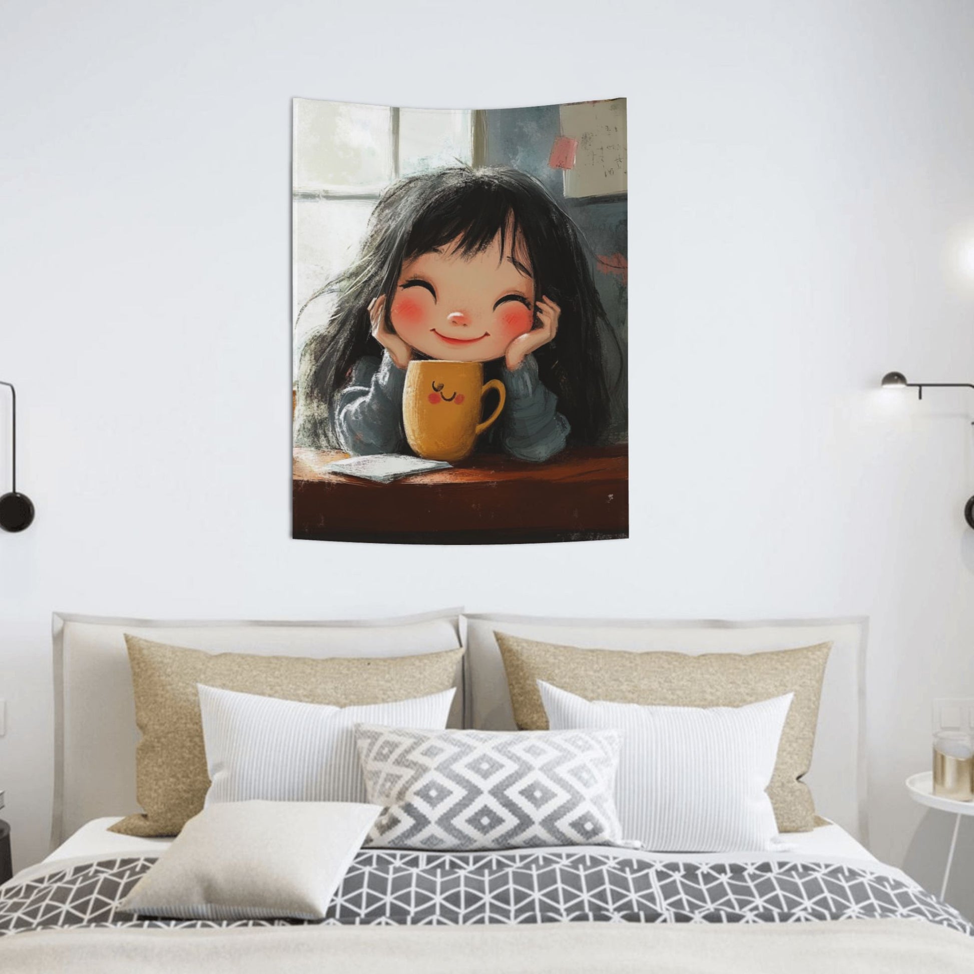 Warm Smiling Girl Wall Tapestry – Cozy Hand-Drawn Cartoon Home Decor 73×95cm