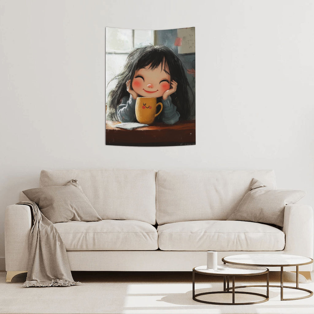 Warm Smiling Girl Wall Tapestry – Cozy Hand-Drawn Cartoon Home Decor 73×95cm