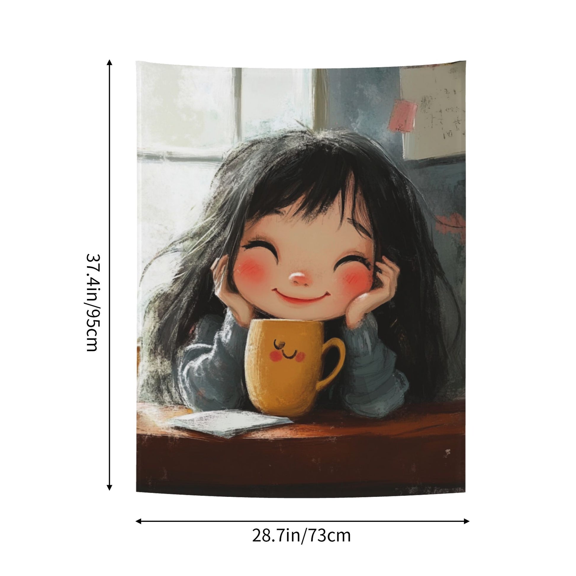 Warm Smiling Girl Wall Tapestry – Cozy Hand-Drawn Cartoon Home Decor 73×95cm