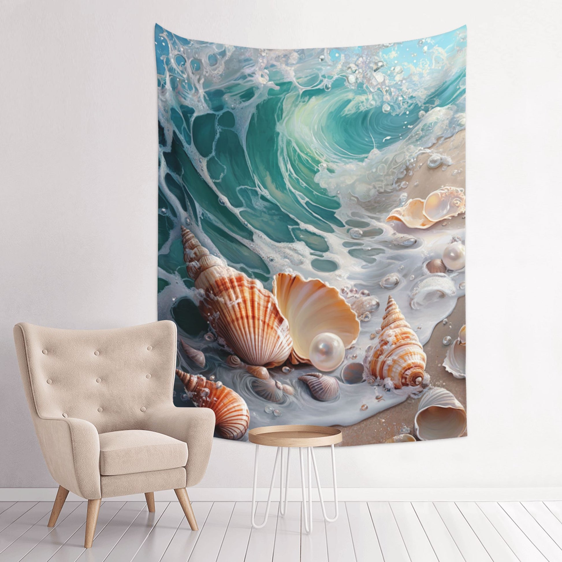 Seaside Shells and Waves Wall Tapestry – Ocean Theme Decorative Cloth 73×95cm