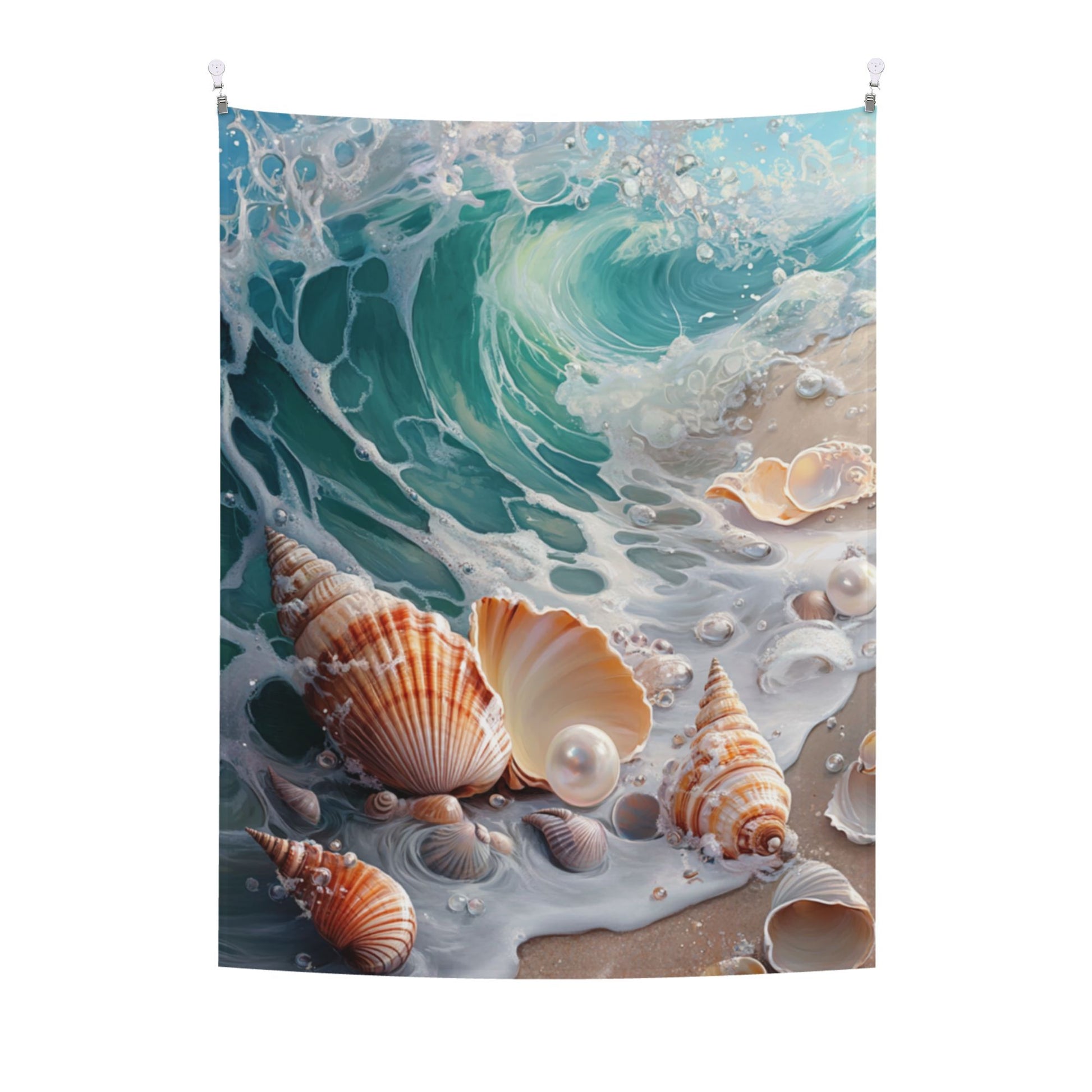 Seaside Shells and Waves Wall Tapestry – Ocean Theme Decorative Cloth 73×95cm