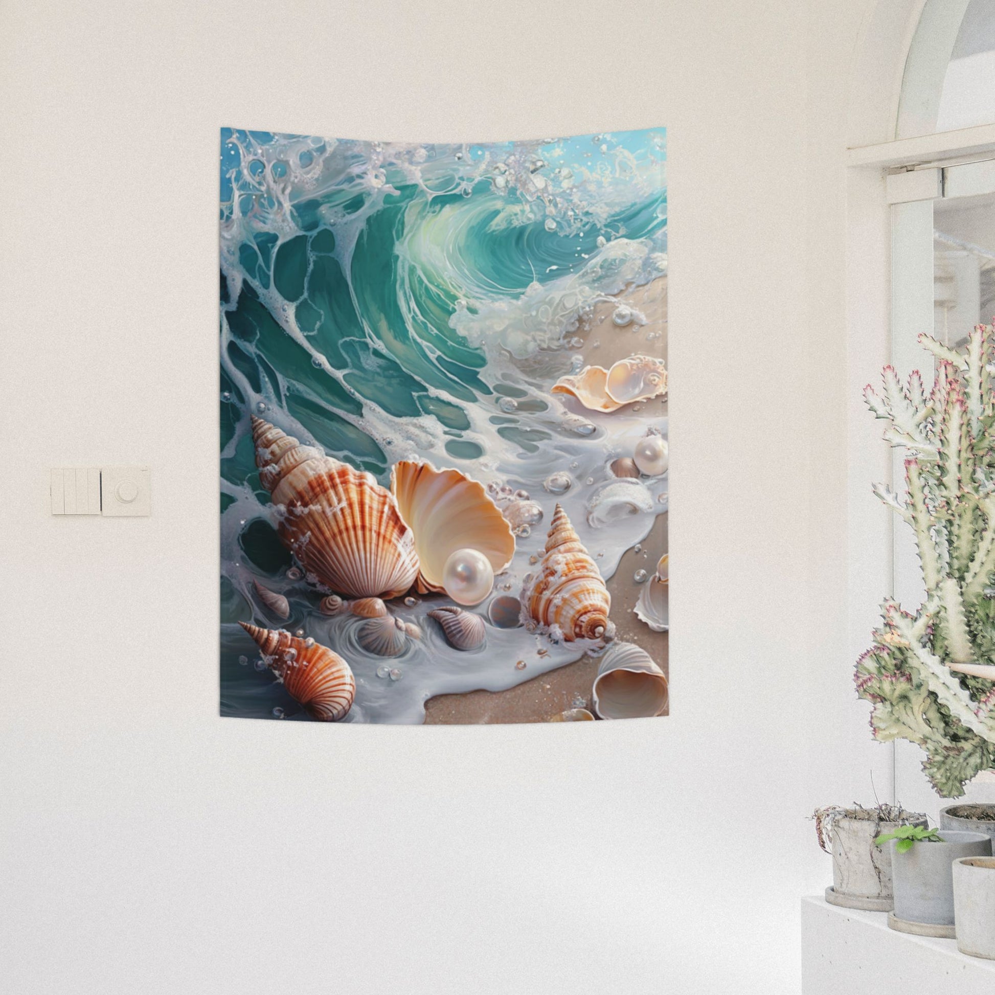 Seaside Shells and Waves Wall Tapestry – Ocean Theme Decorative Cloth 73×95cm