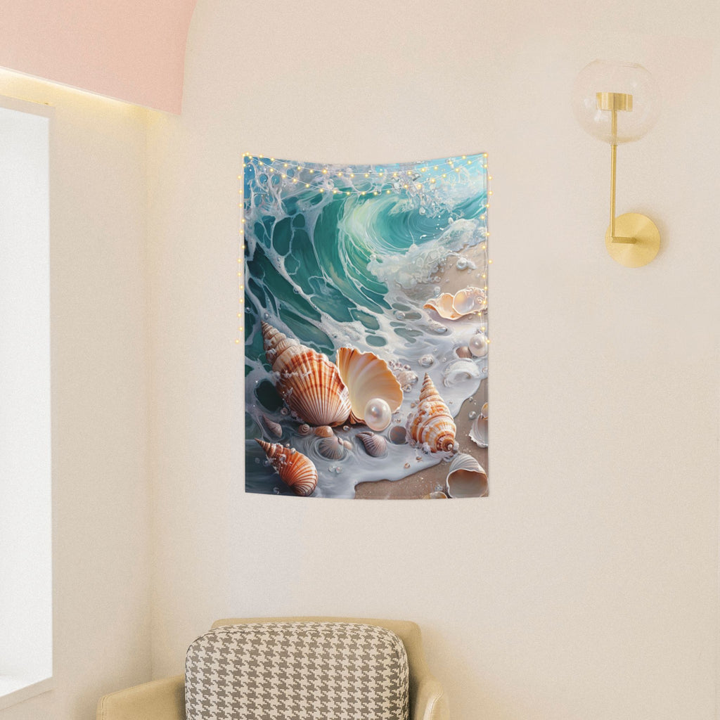 Seaside Shells and Waves Wall Tapestry – Ocean Theme Decorative Cloth 73×95cm