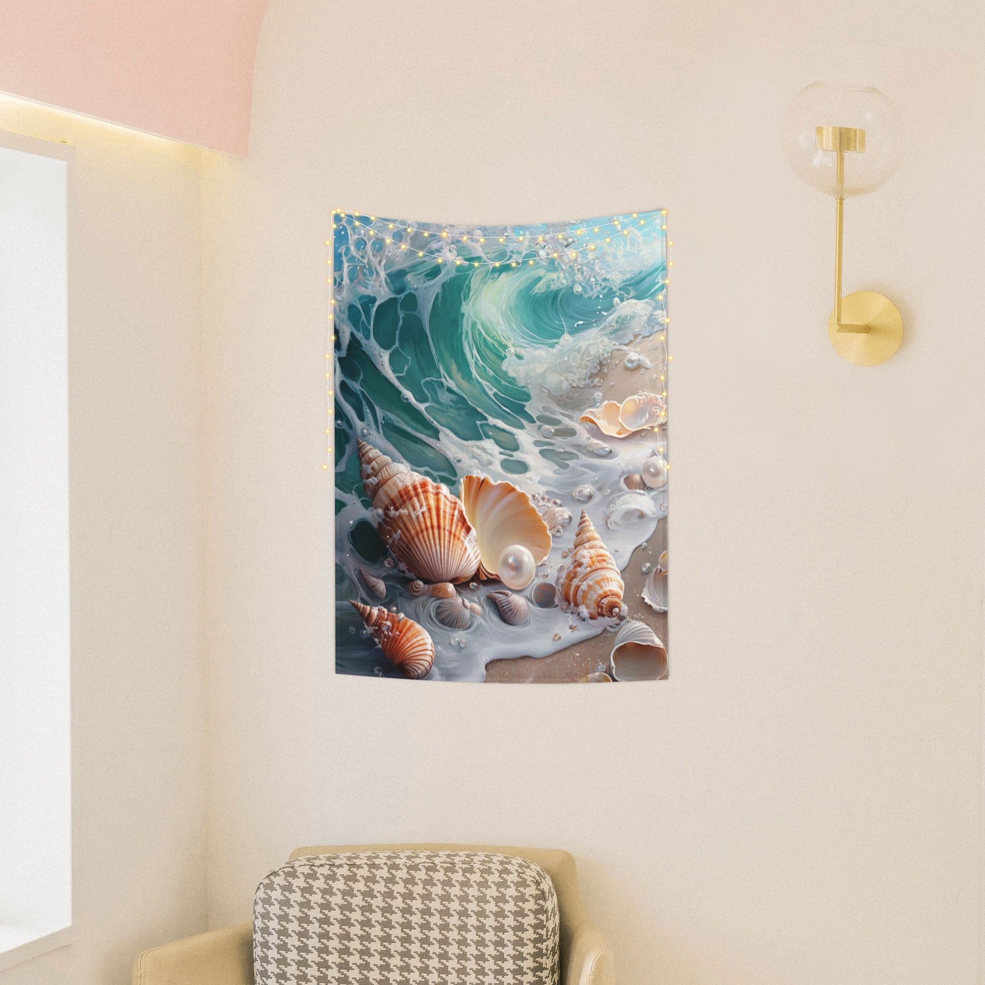 Seaside Shells and Waves Wall Tapestry – Ocean Theme Decorative Cloth 73×95cm