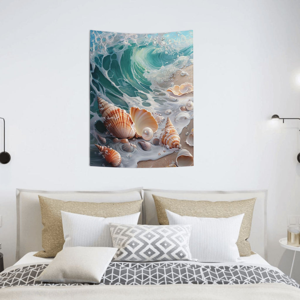 Seaside Shells and Waves Wall Tapestry – Ocean Theme Decorative Cloth 73×95cm