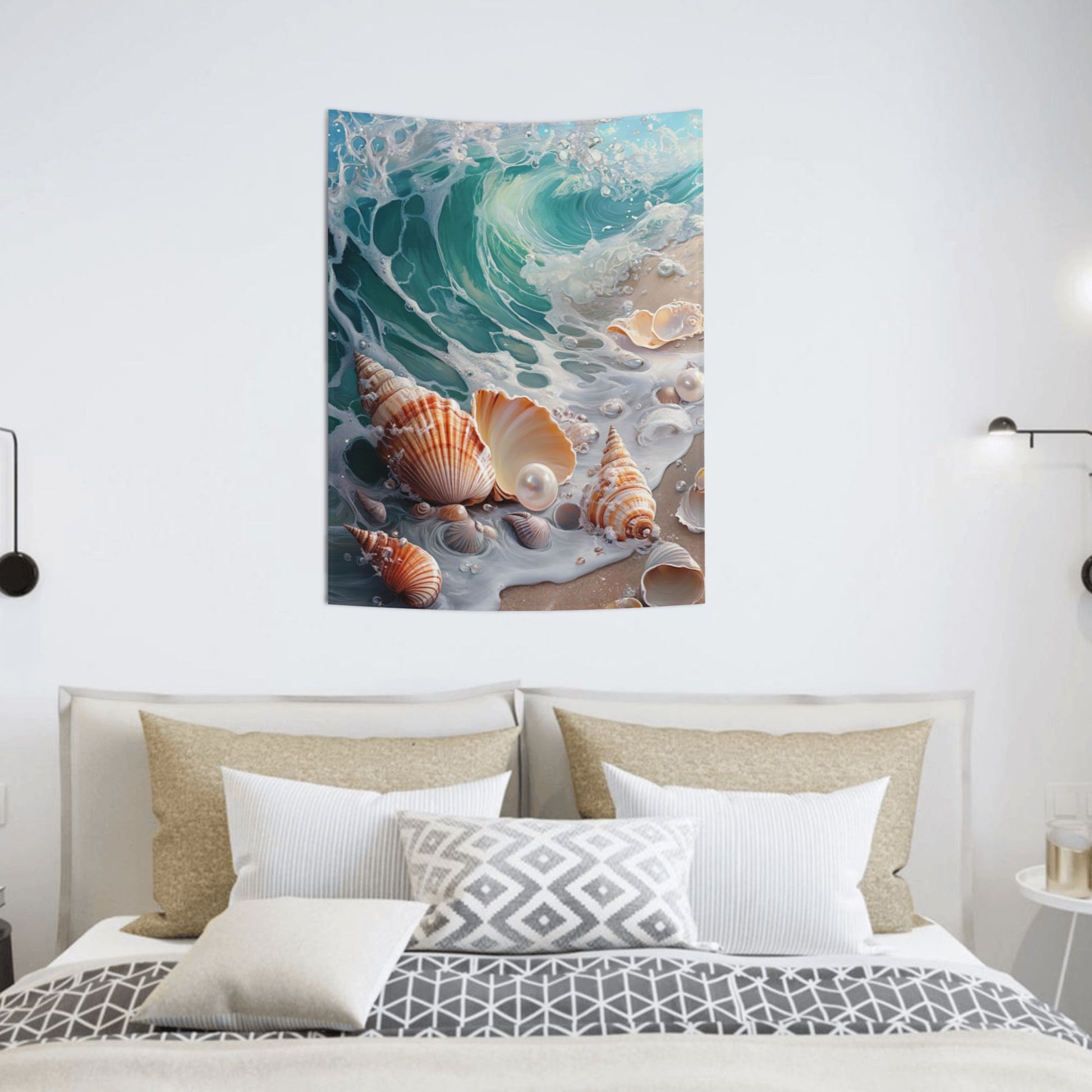 Seaside Shells and Waves Wall Tapestry – Ocean Theme Decorative Cloth 73×95cm