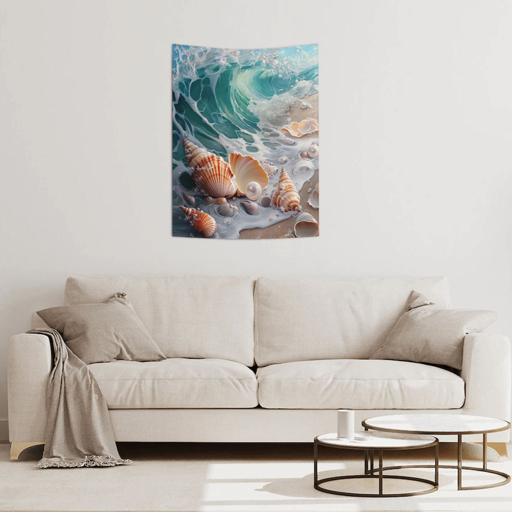 Seaside Shells and Waves Wall Tapestry – Ocean Theme Decorative Cloth 73×95cm