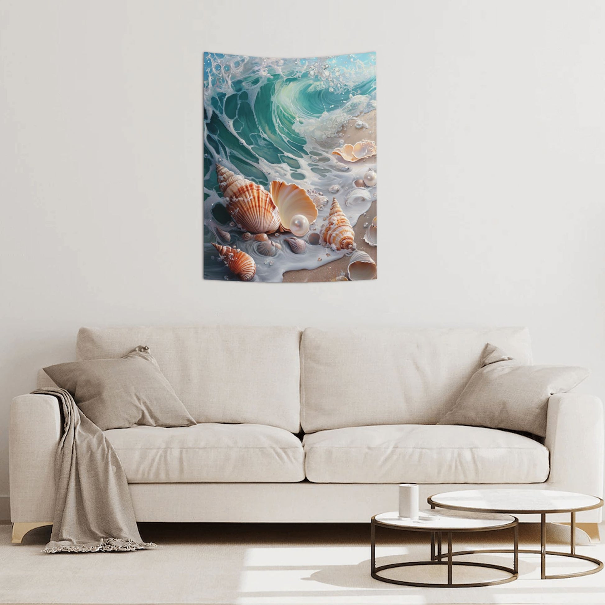 Seaside Shells and Waves Wall Tapestry – Ocean Theme Decorative Cloth 73×95cm