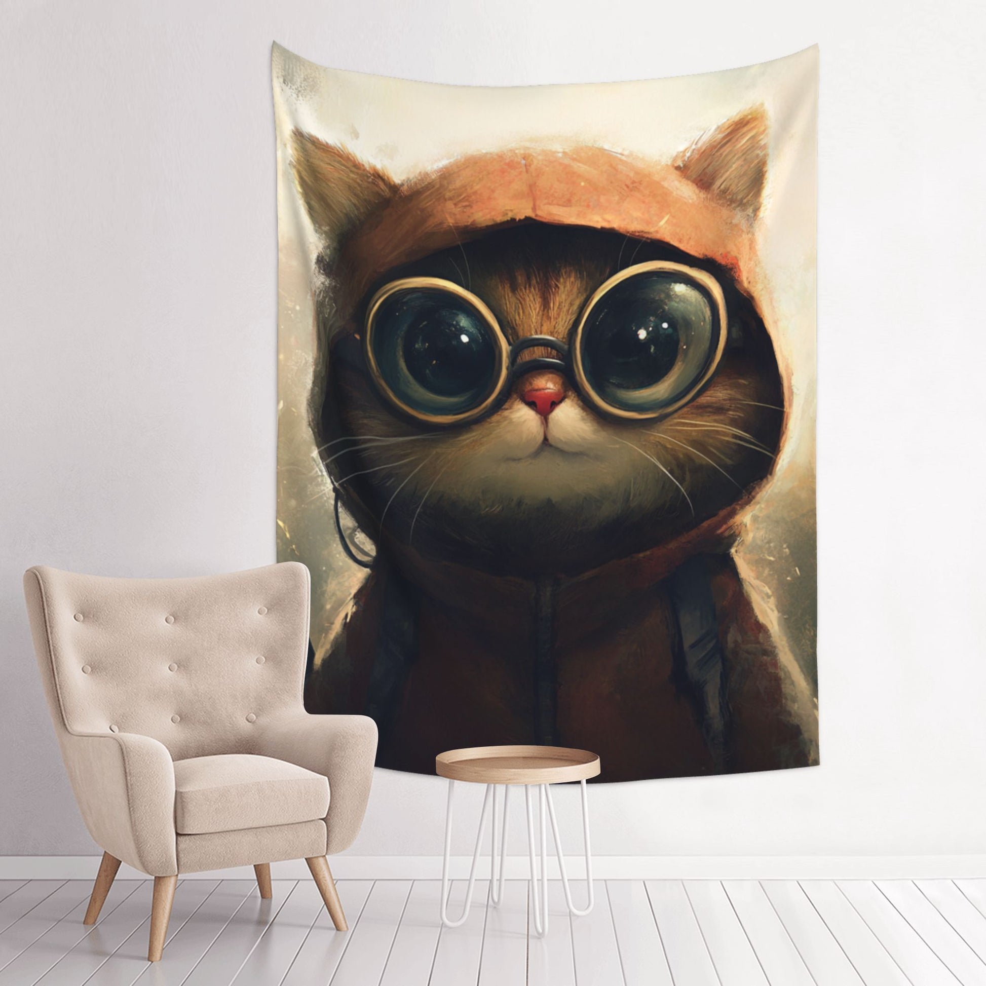 Goggle Cat Wall Tapestry – Cute Cartoon Adventure Decor 73×95cm