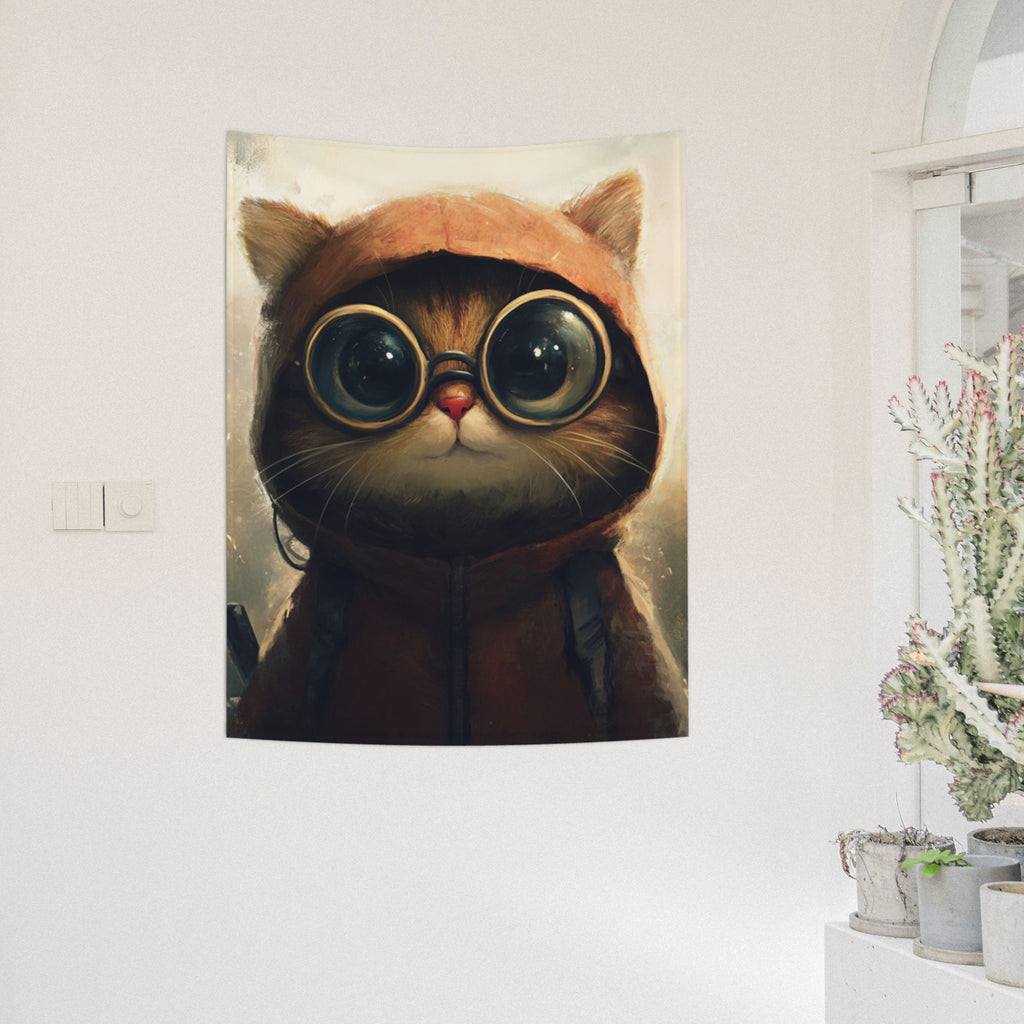 Goggle Cat Wall Tapestry – Cute Cartoon Adventure Decor 73×95cm