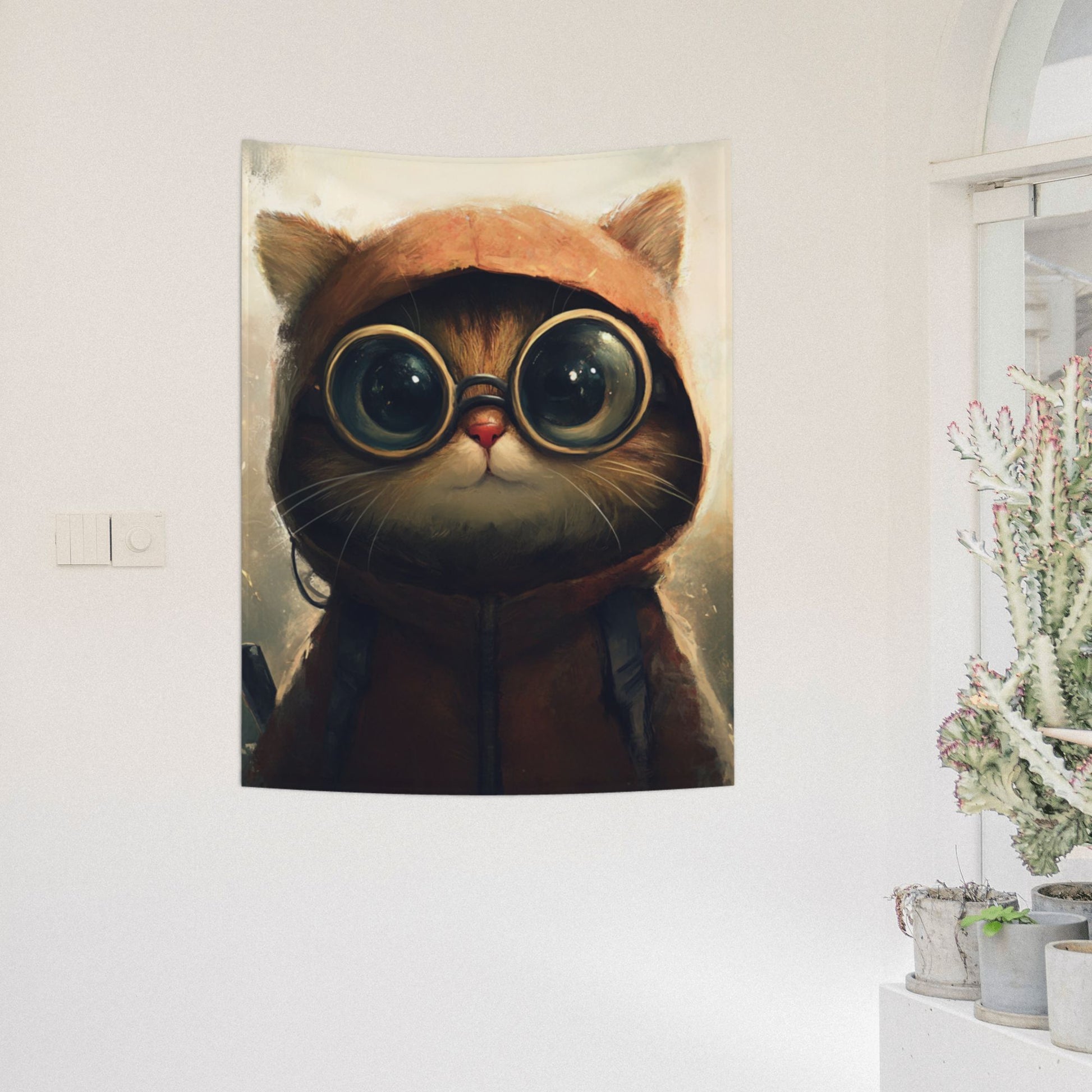 Goggle Cat Wall Tapestry – Cute Cartoon Adventure Decor 73×95cm