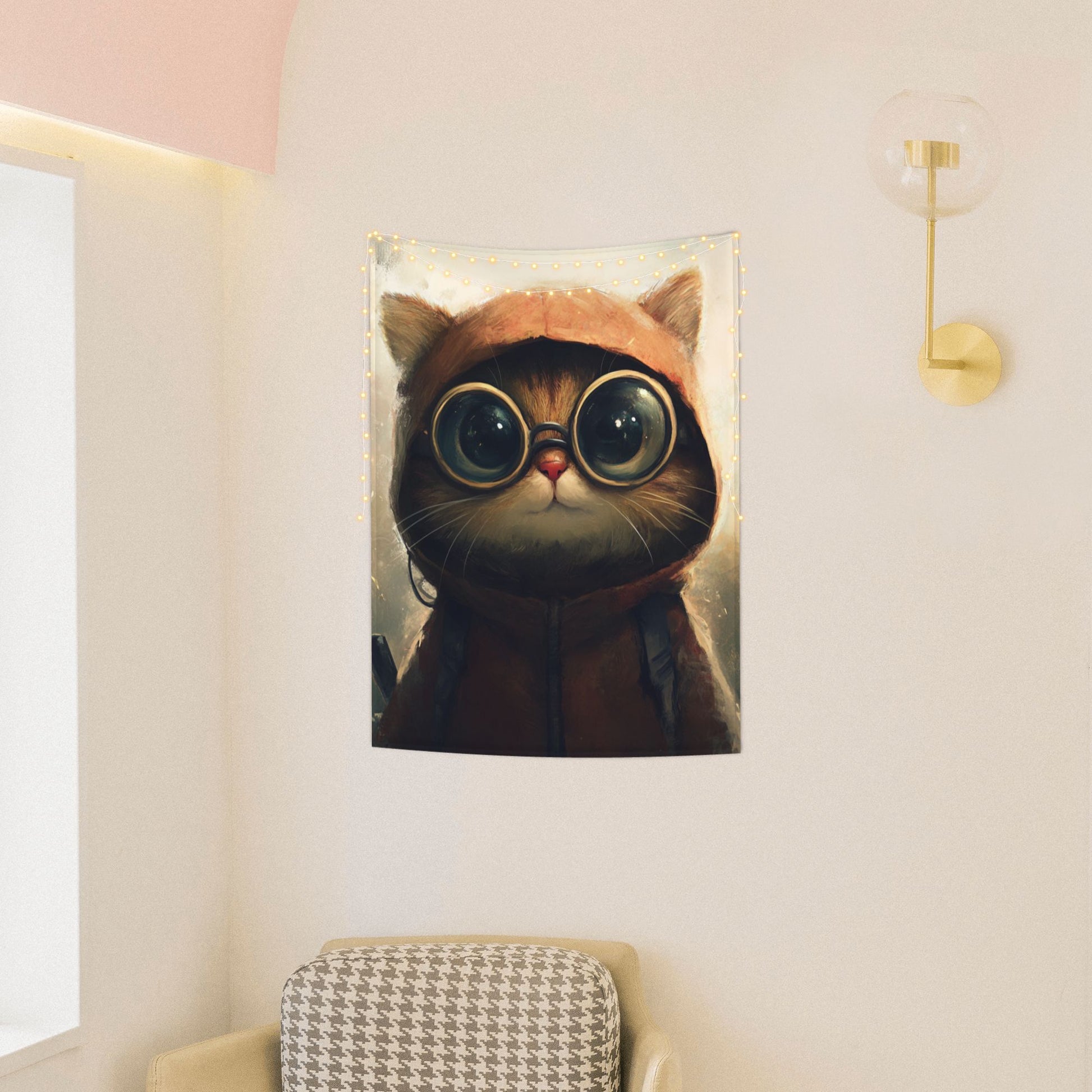 Goggle Cat Wall Tapestry – Cute Cartoon Adventure Decor 73×95cm