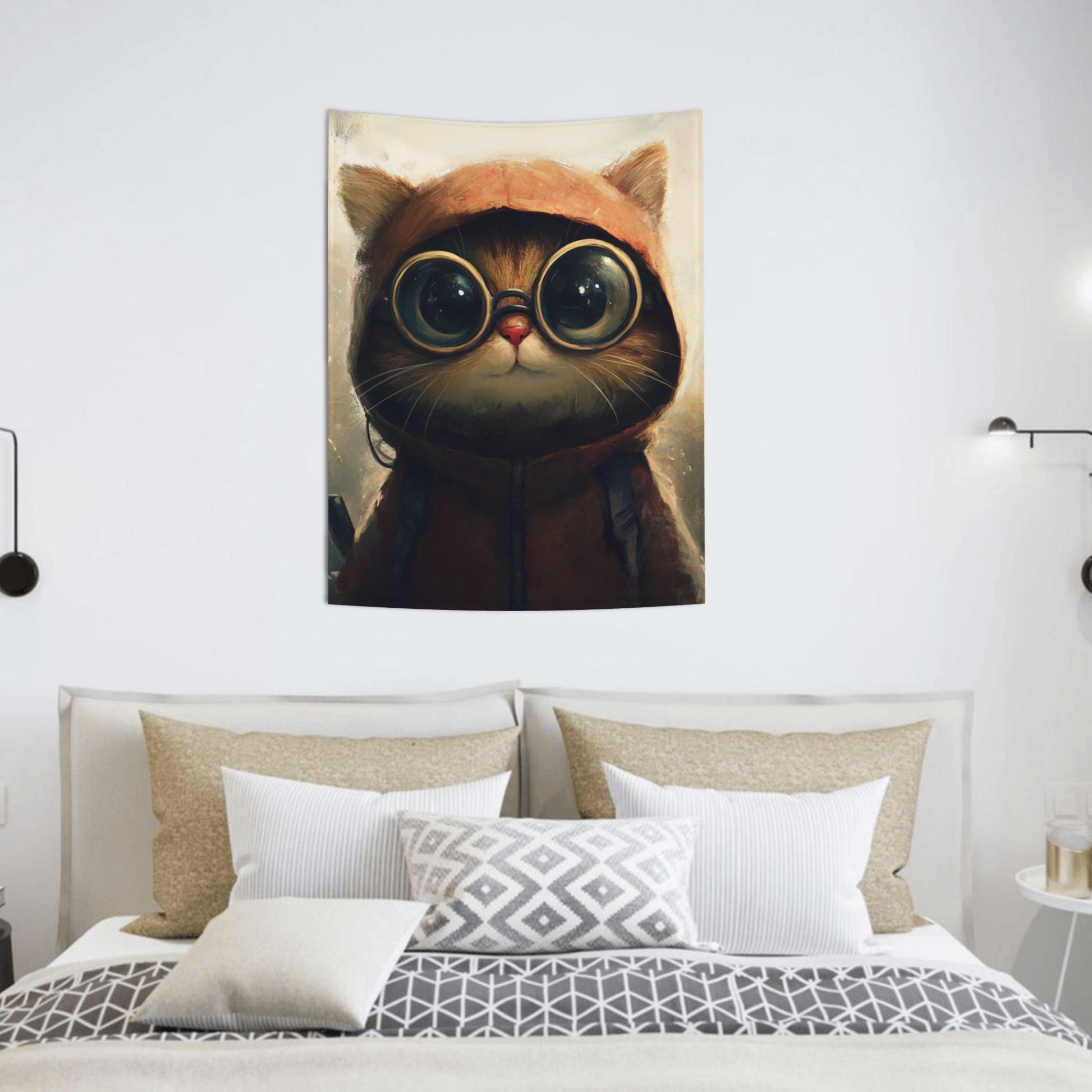 Goggle Cat Wall Tapestry – Cute Cartoon Adventure Decor 73×95cm