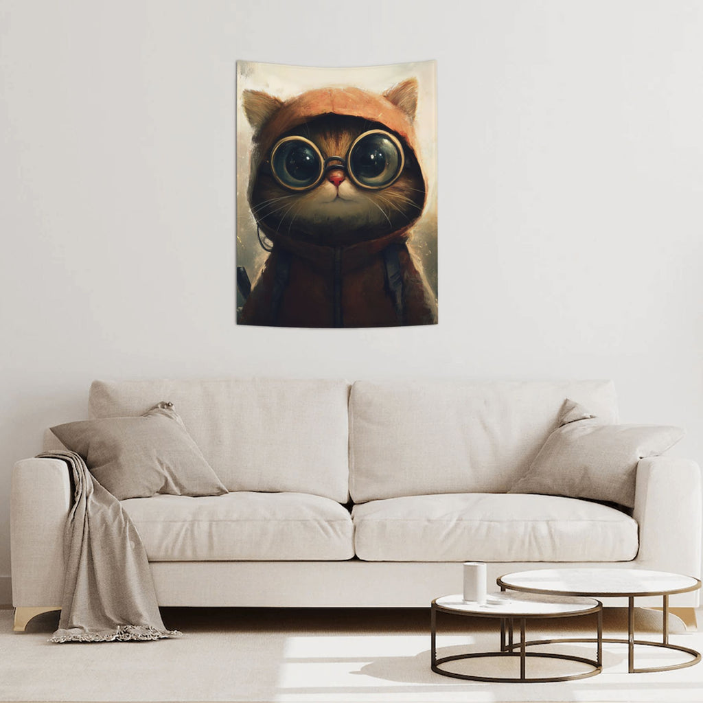 Goggle Cat Wall Tapestry – Cute Cartoon Adventure Decor 73×95cm