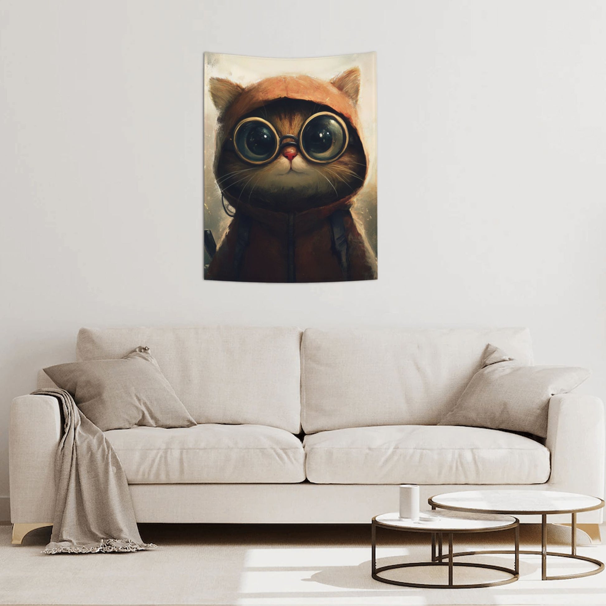 Goggle Cat Wall Tapestry – Cute Cartoon Adventure Decor 73×95cm